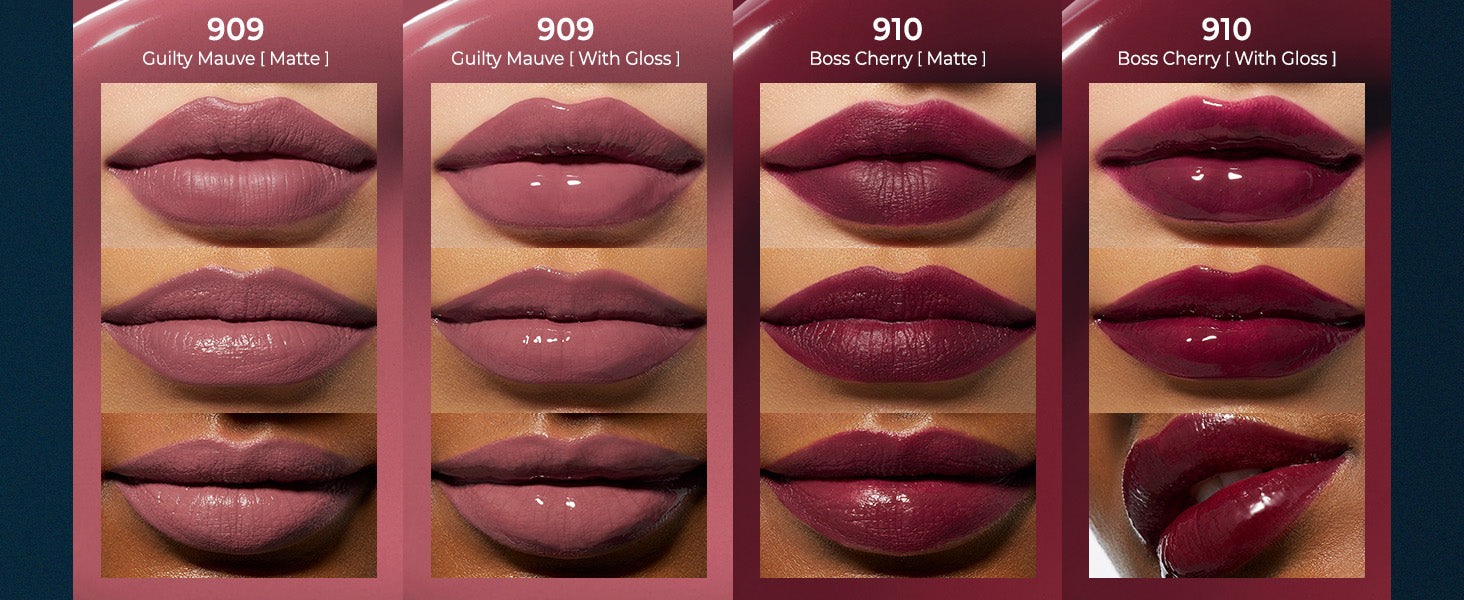 Lip swatch 910 Boss Cherry Matte & Gloss